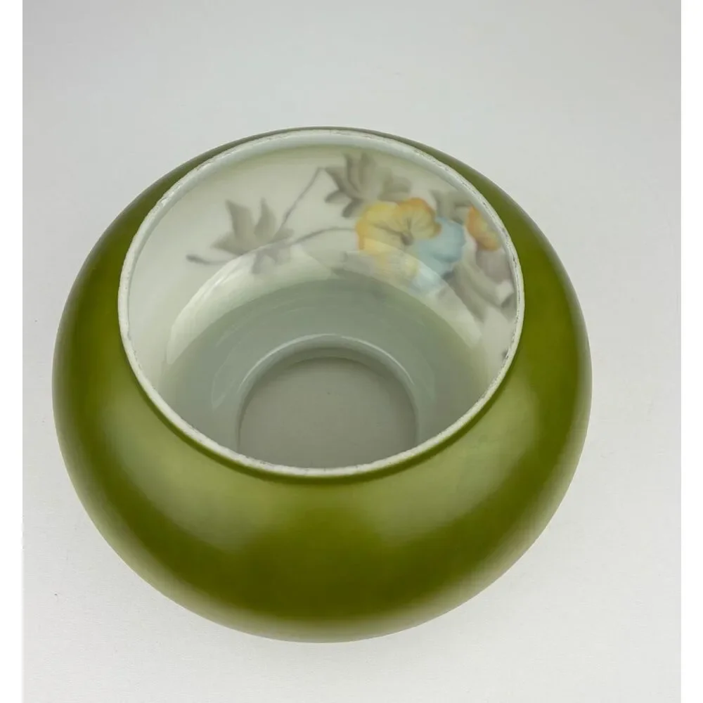 Vtg GWTW Glass Lamp Shade Hand Painted Green Floral Ruffled Top, 7